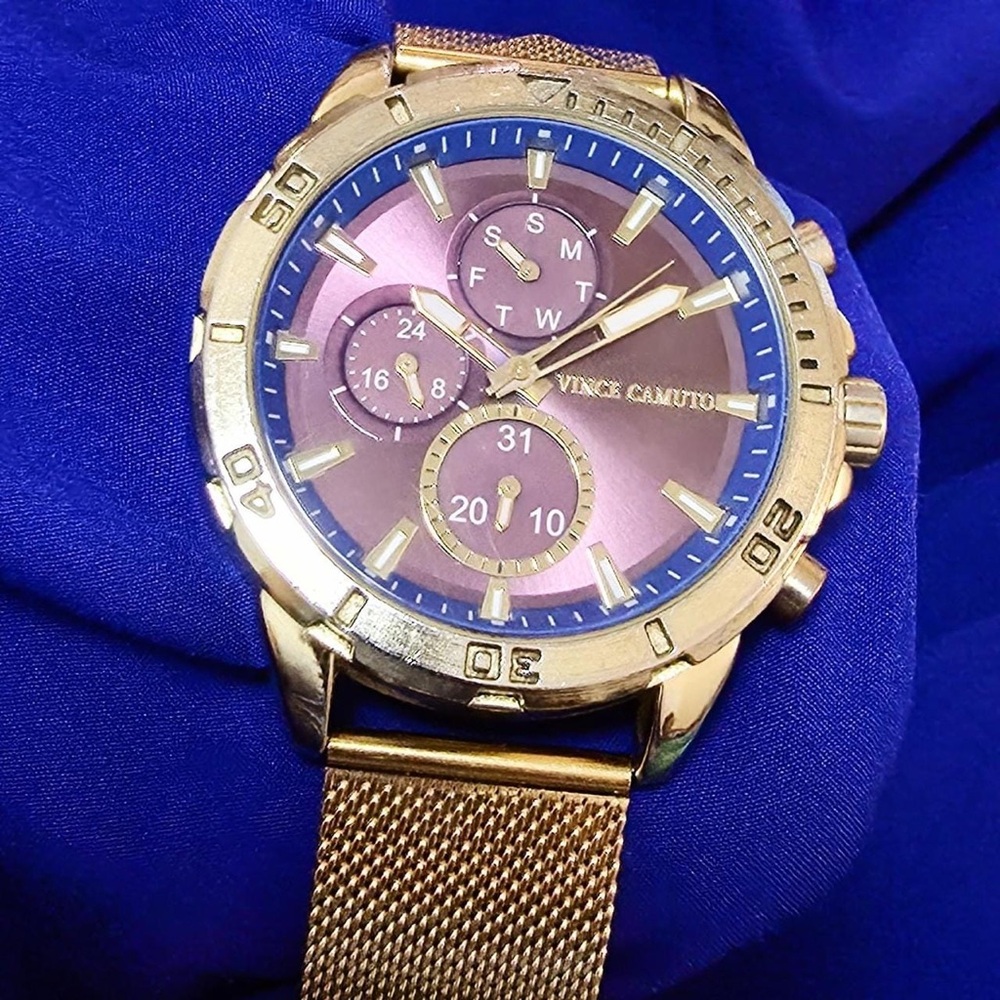 Vince Camuto Gold Tone Wine Dial Day Date 45mm Mens Watch